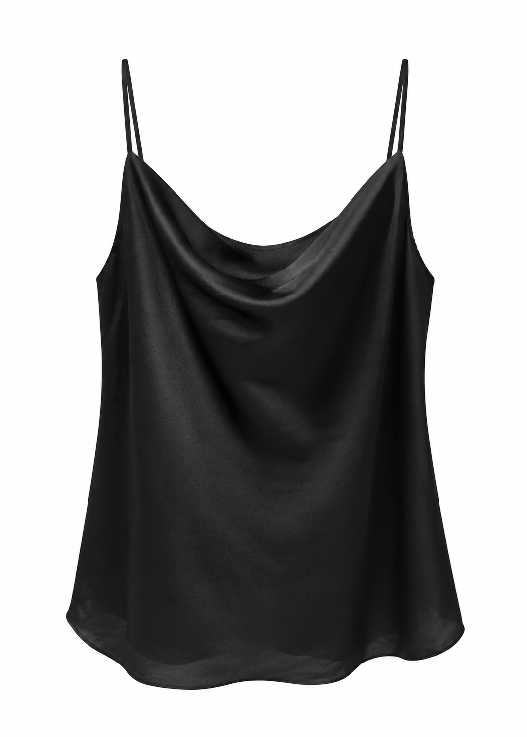 Black satin camisole with draped cowl neckline and fine shoulder straps