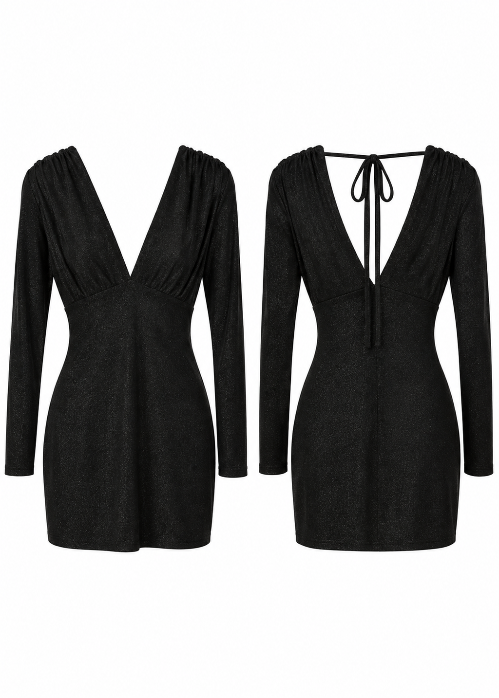 Front and back views of black shimmer long-sleeve mini dress with deep V-neck and low tie-back