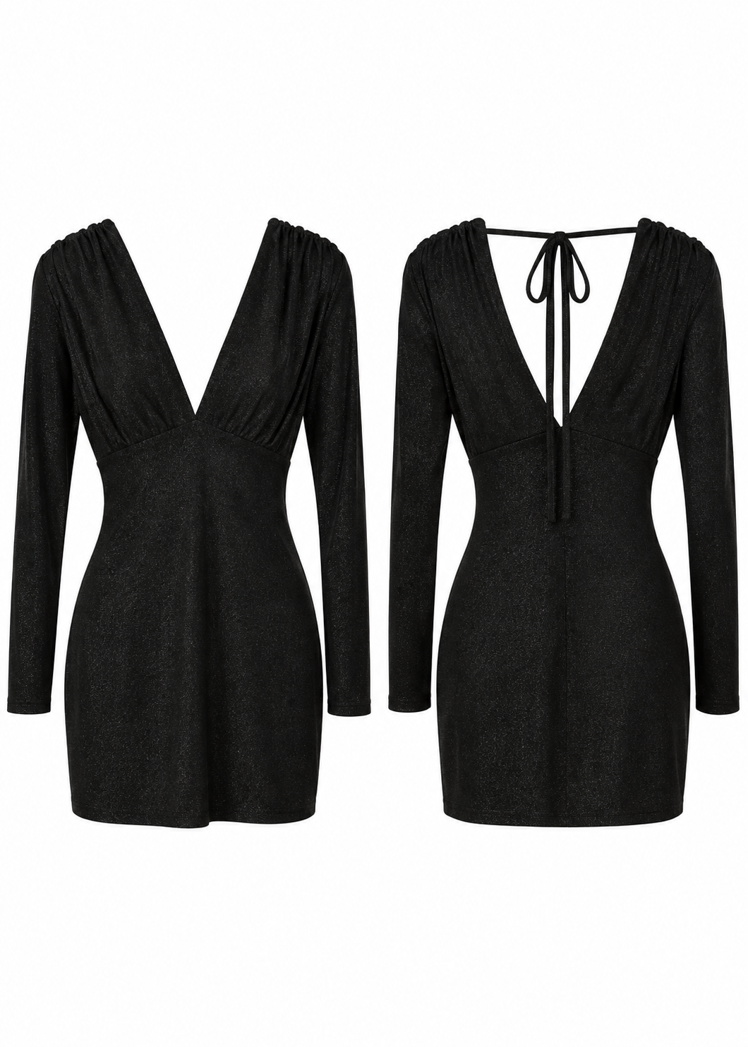 Front and back views of black shimmer long-sleeve mini dress with deep V-neck and low tie-back