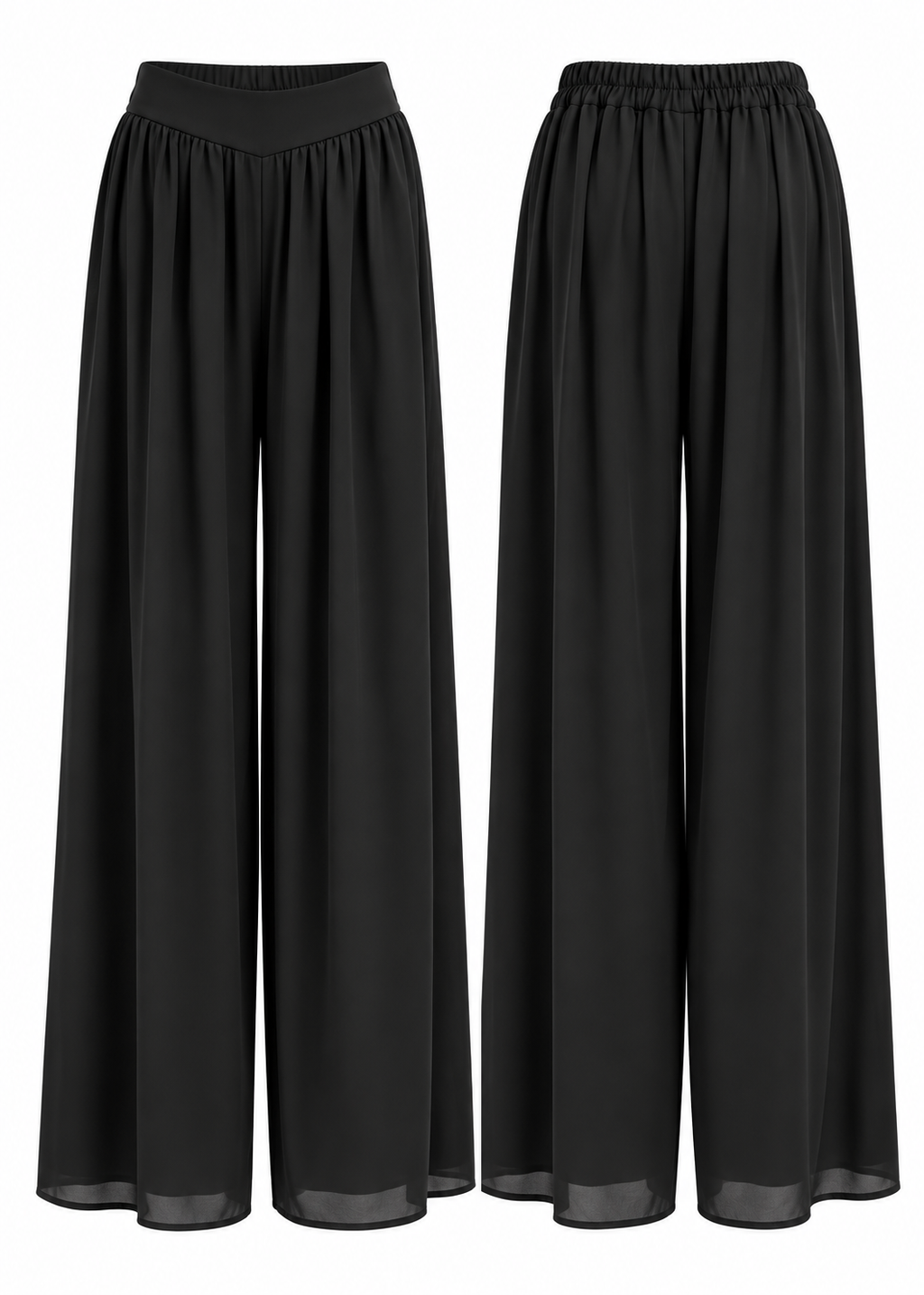 Front and back views of black palazzo trousers showing elasticated back waistband