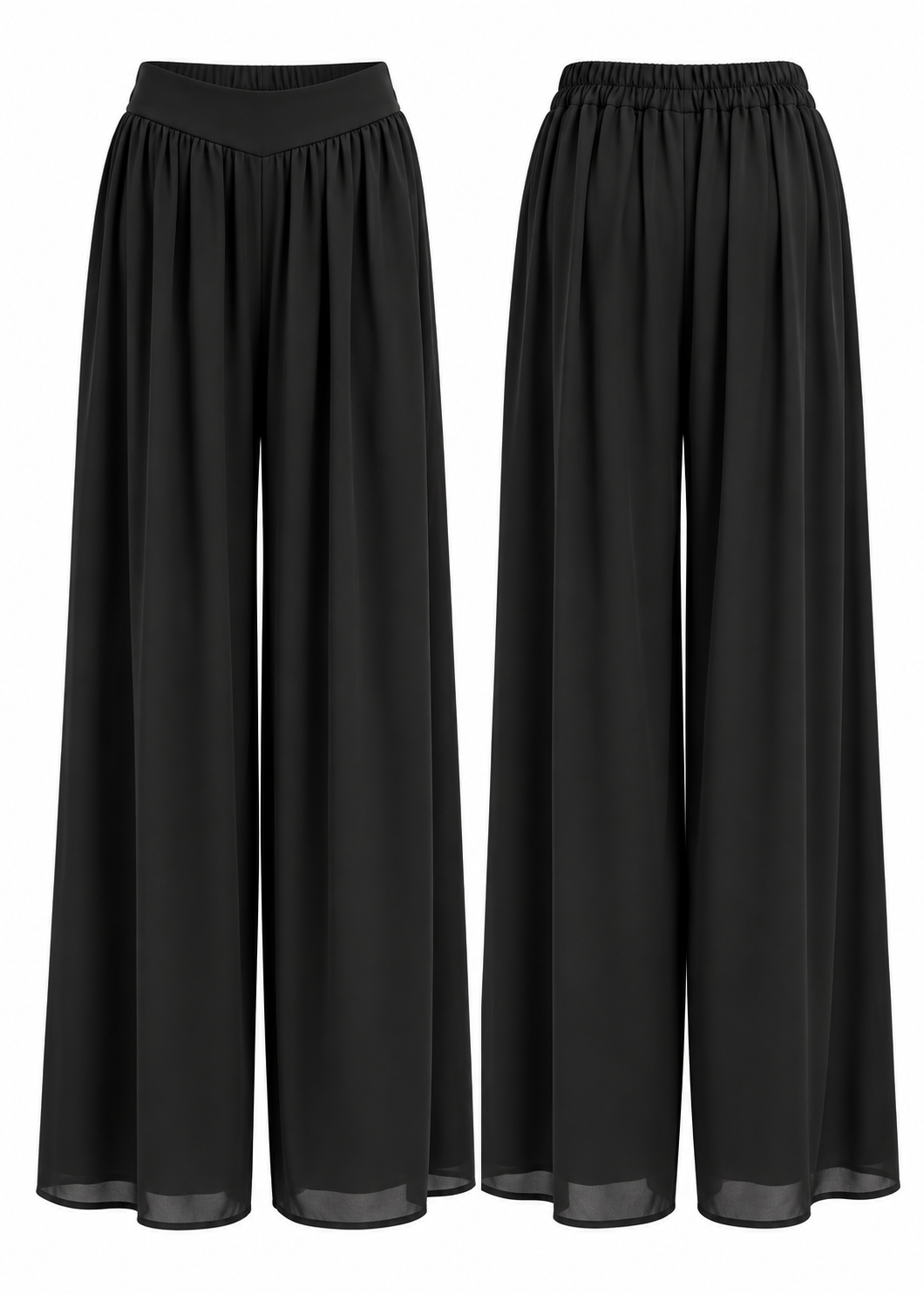 Front and back views of black palazzo trousers showing elasticated back waistband