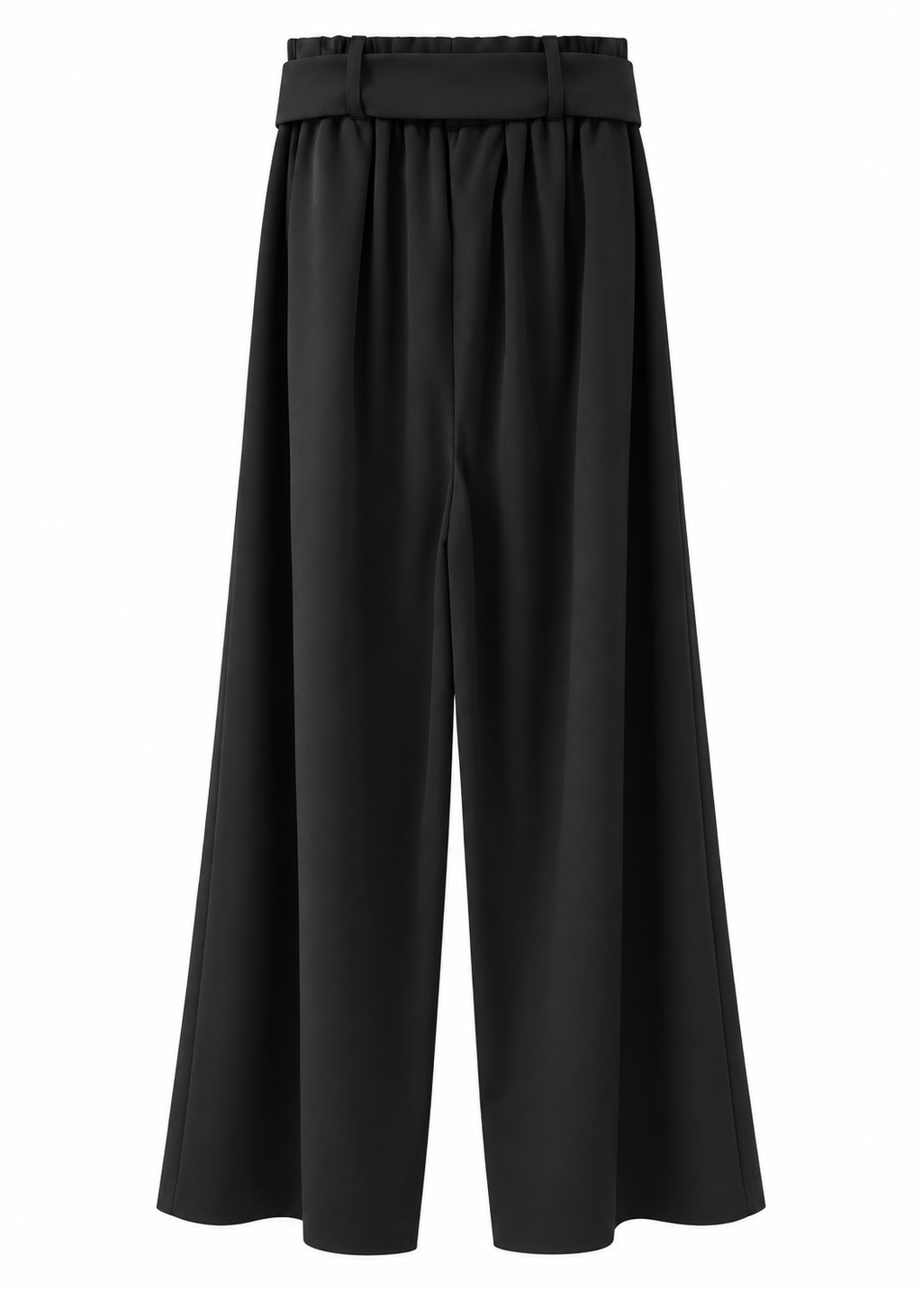 Front view of black paperbag palazzo trousers with matching bow tie belt and wide legs