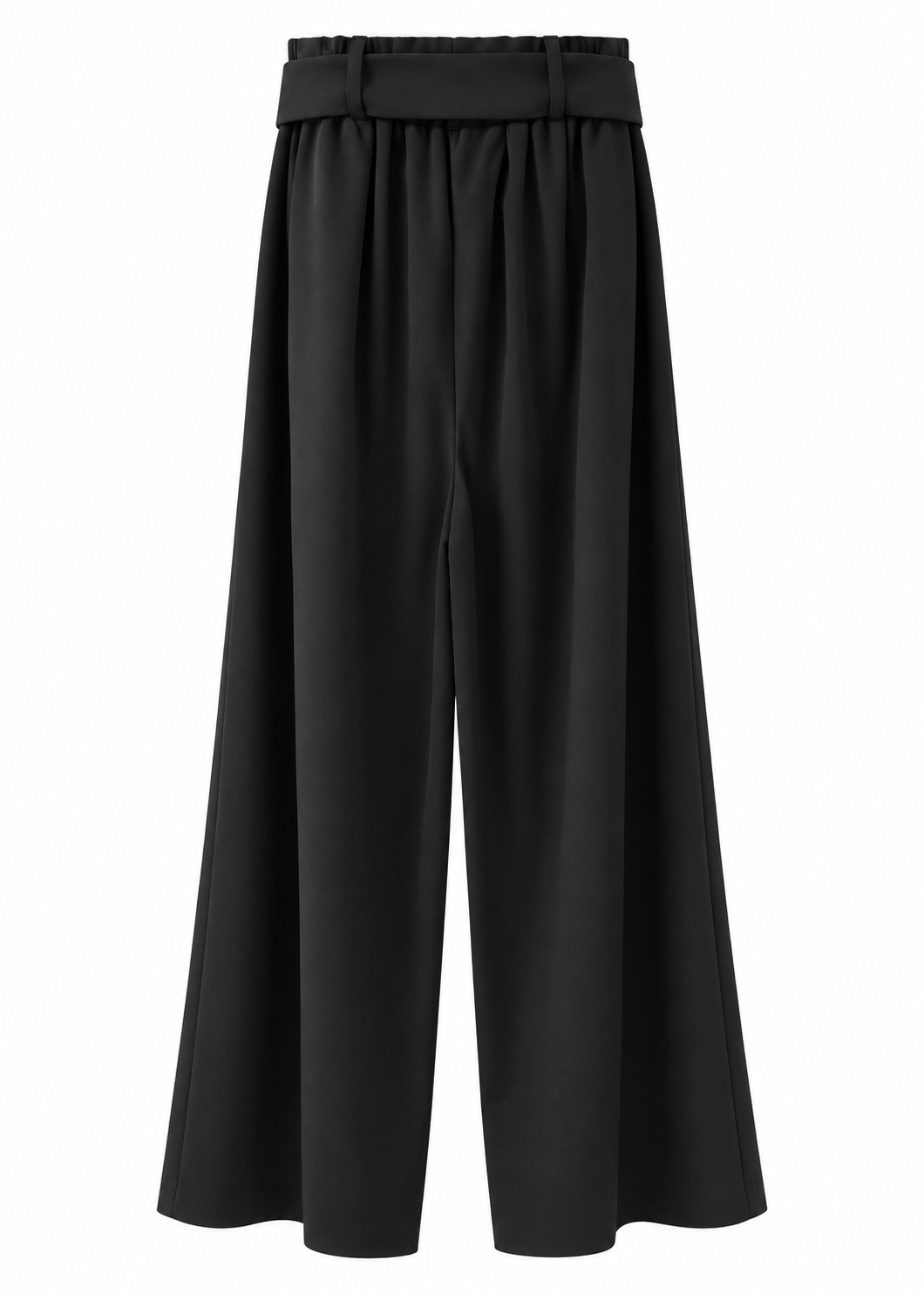 Front view of black paperbag palazzo trousers with matching bow tie belt and wide legs