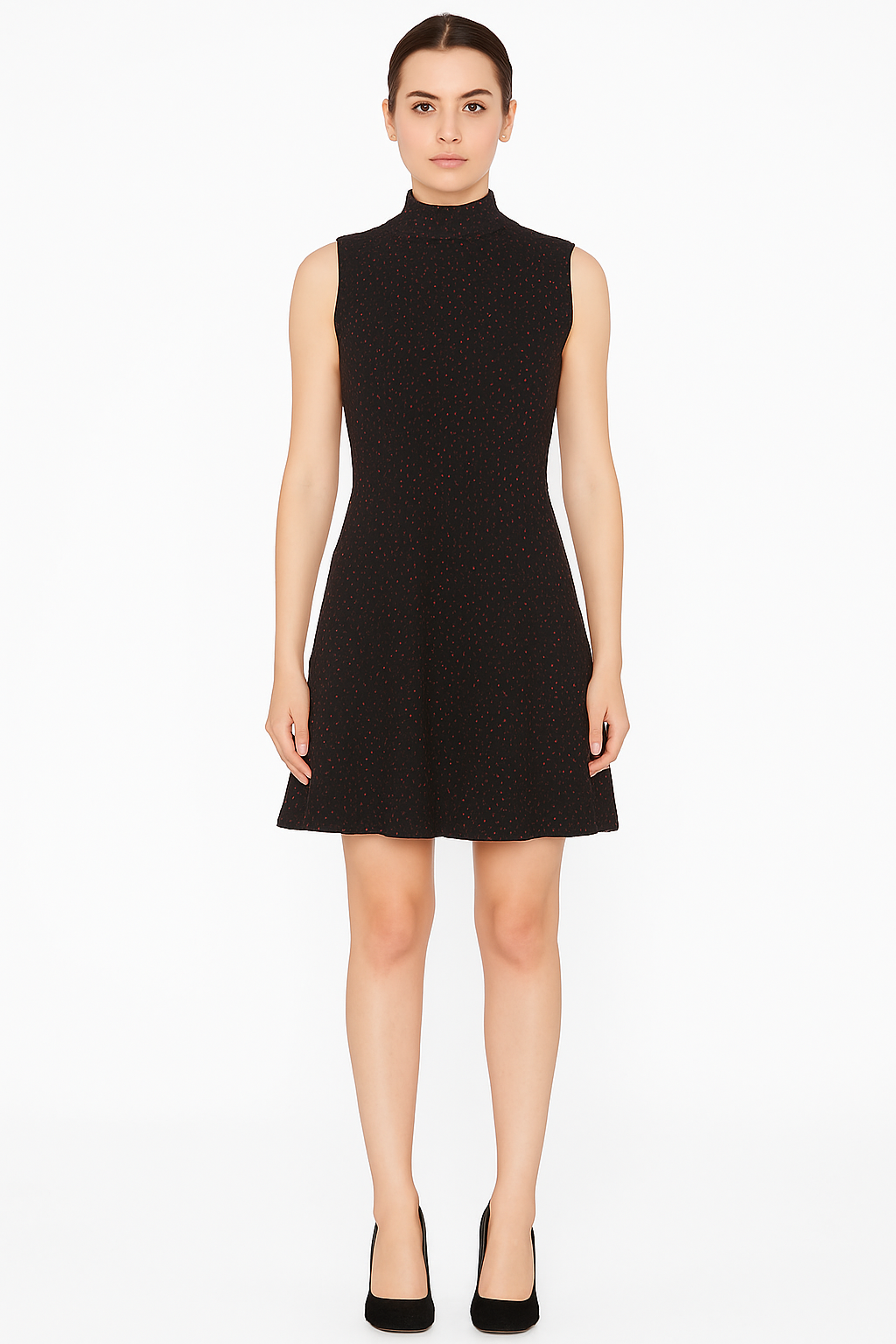 Black sleeveless dress worn by a model on a white background