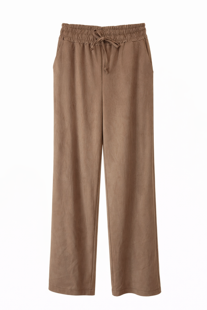 Brown pants with an elastic waistband on a white background