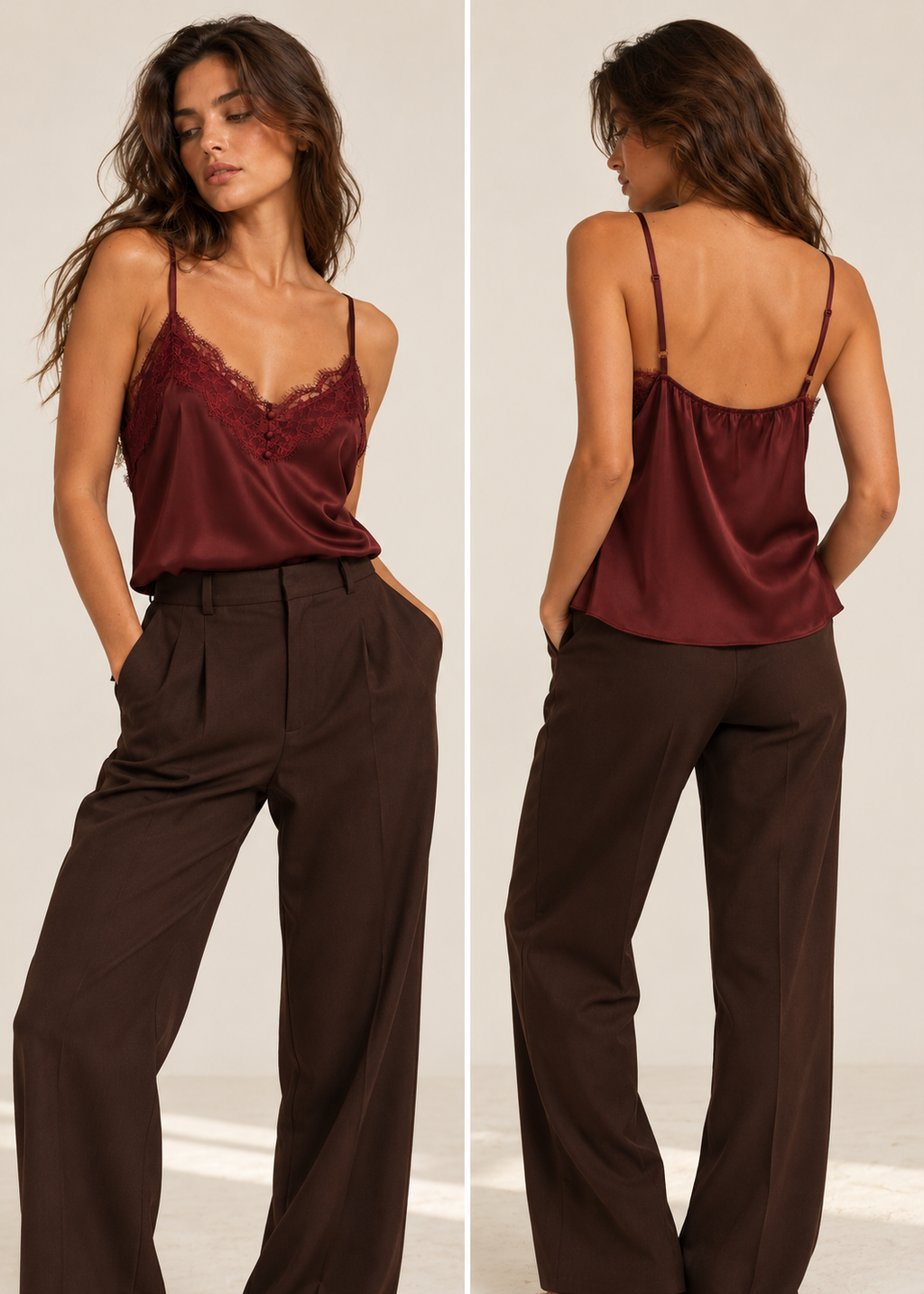 Burgundy lace-trim camisole styled with tailored trousers, front and back views