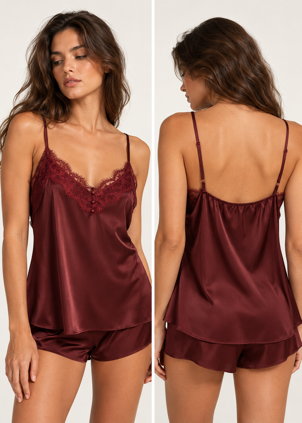 Burgundy satin camisole showing the lace neckline and adjustable straps from front and back