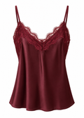 Burgundy satin camisole with floral eyelash-lace V-neckline, front view