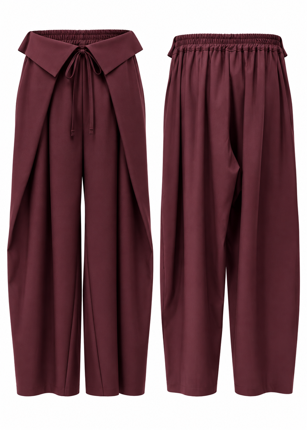 Front and back views of burgundy draped wide-leg trousers showing layered front and elasticated back waist