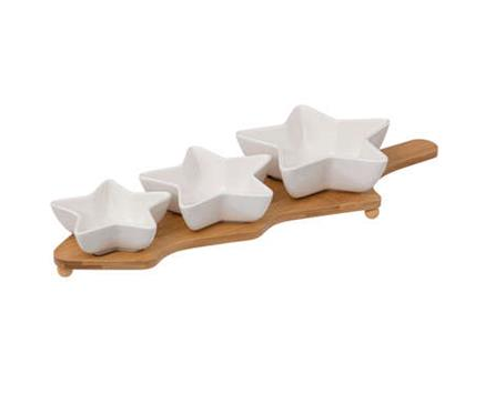 Serving Set with 3 Star-Shaped Bowls on Bamboo Base 30x10cm