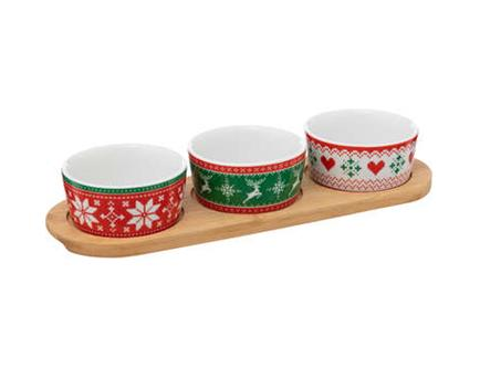 Christmas Serving Set with 3 Bowls on Bamboo Base 42x14cm