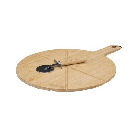 Bamboo Pizza Serving Tray with Cutting Wheel 37cm Diameter