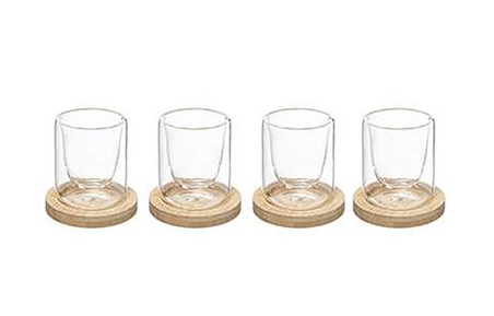 Set of 4 Double-Walled Glass Mugs on Bamboo Base