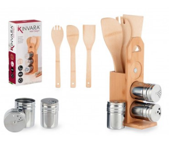 Bamboo Holder with Spoons & Salt-Pepper Shakers, 7-Piece Set, 15x7.5xH32.5 cm