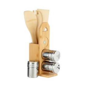 Bamboo Holder with Spoons & Salt-Pepper Shakers, 7-Piece Set, 15x7.5xH32.5 cm