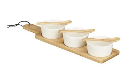 3 White Serving Bowls on Bamboo Base Set, 6.5 x 46 x 13 cm