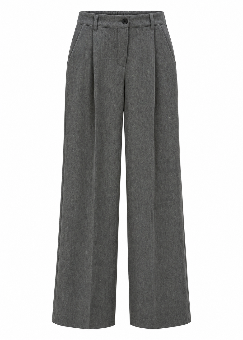 Front view of charcoal grey wide-leg trousers with front pleats, button waistband and belt loops