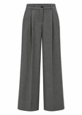 Front view of charcoal grey wide-leg trousers with front pleats, button waistband and belt loops