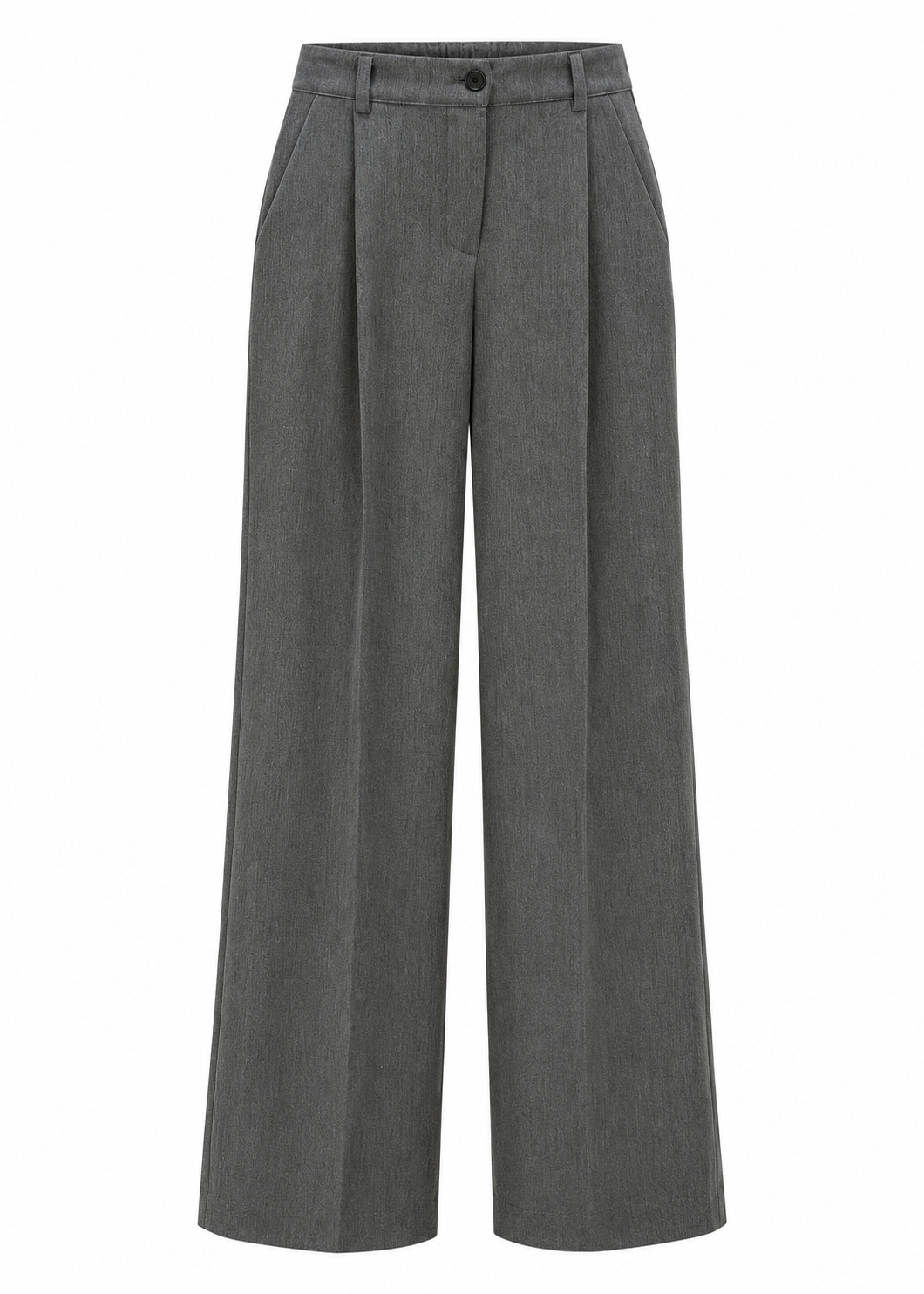 Front view of charcoal grey wide-leg trousers with front pleats, button waistband and belt loops