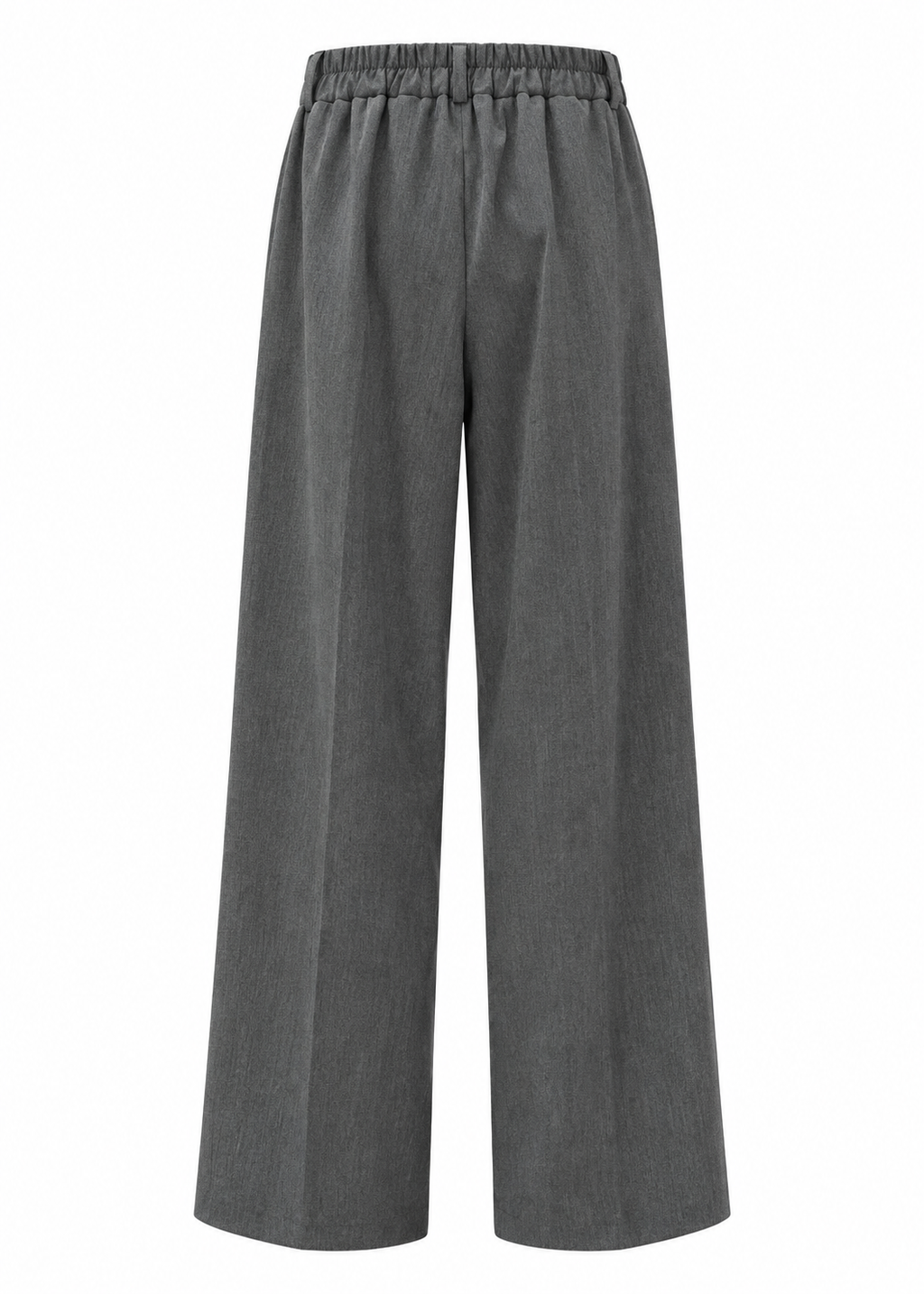 Back view of charcoal grey wide-leg trousers showing elasticated waistband