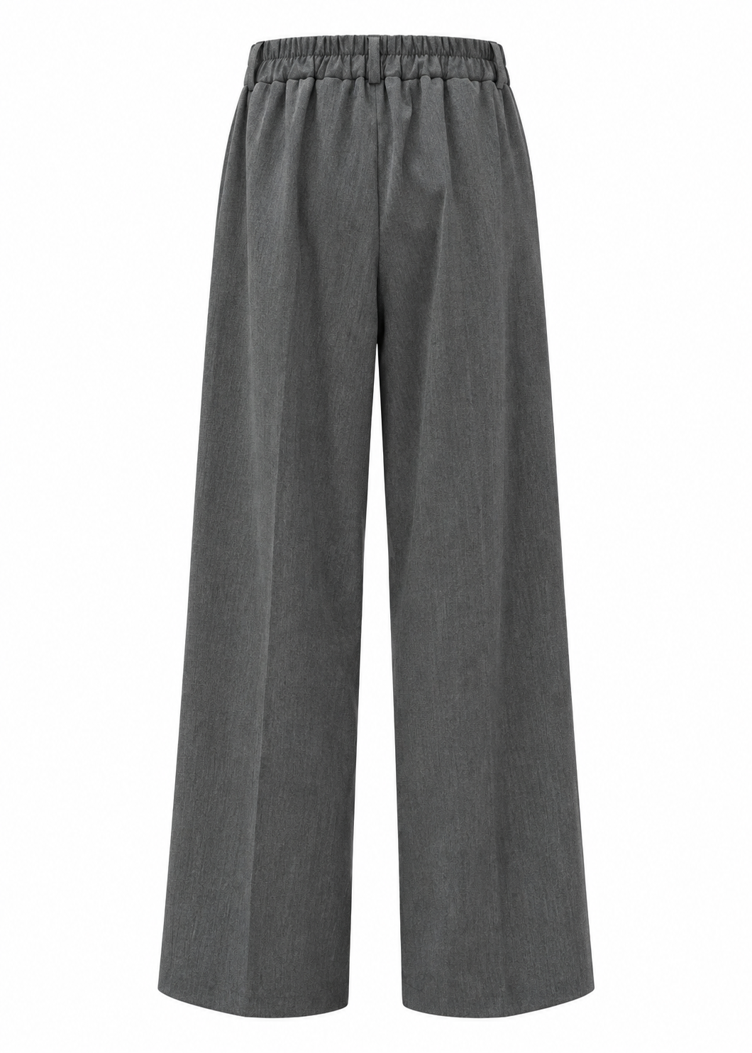 Back view of charcoal grey wide-leg trousers showing elasticated waistband