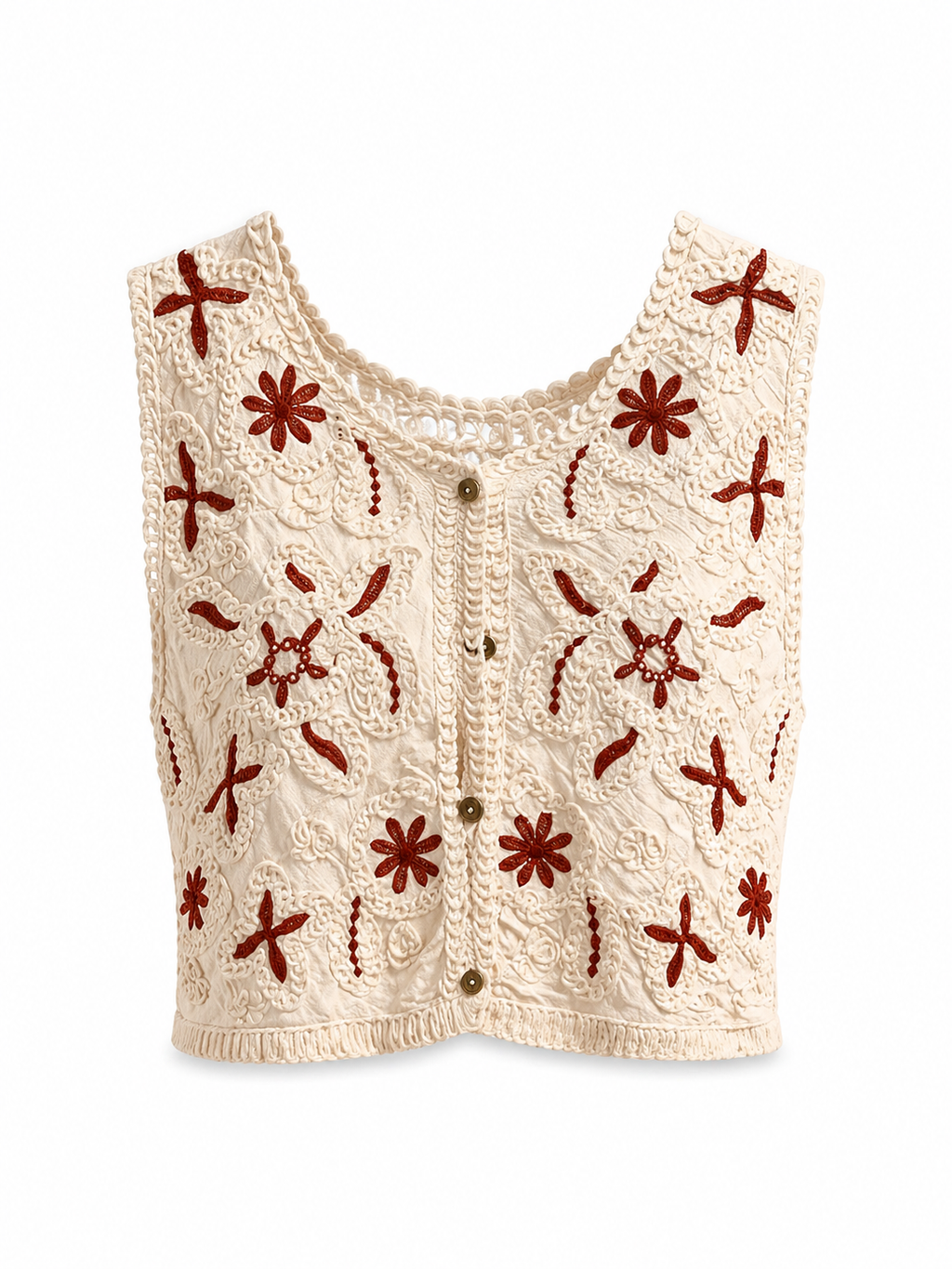 Boho Crochet Vest with Floral Embroidery