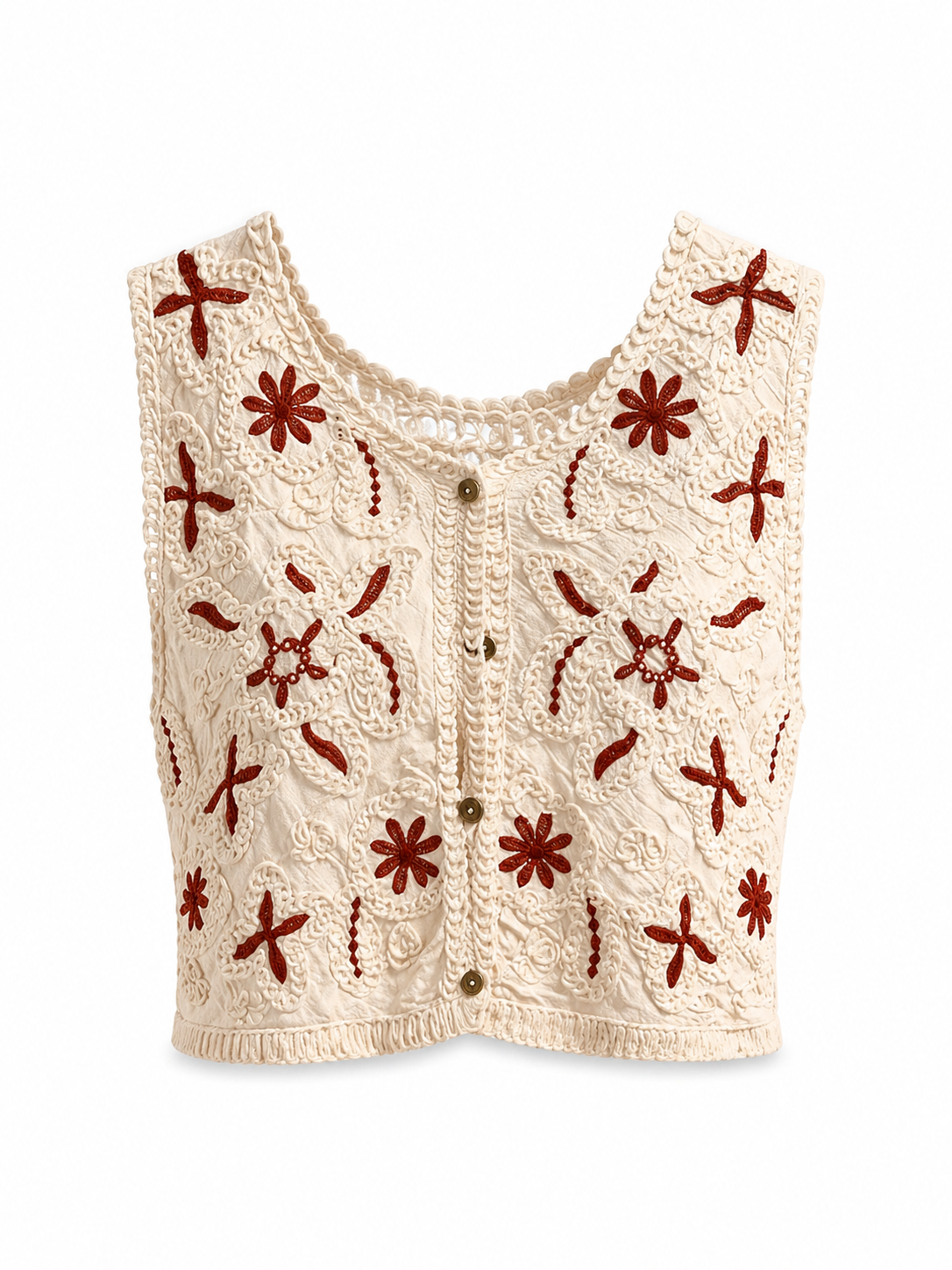 Boho Crochet Vest with Floral Embroidery