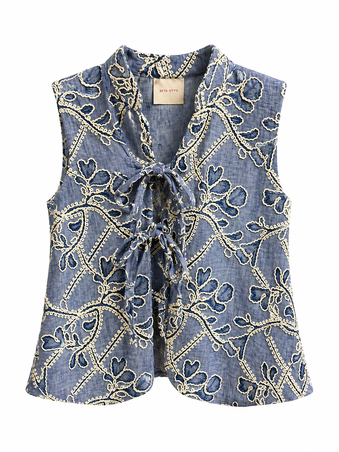 Embroidered Chambray Sleeveless Blouse Vest