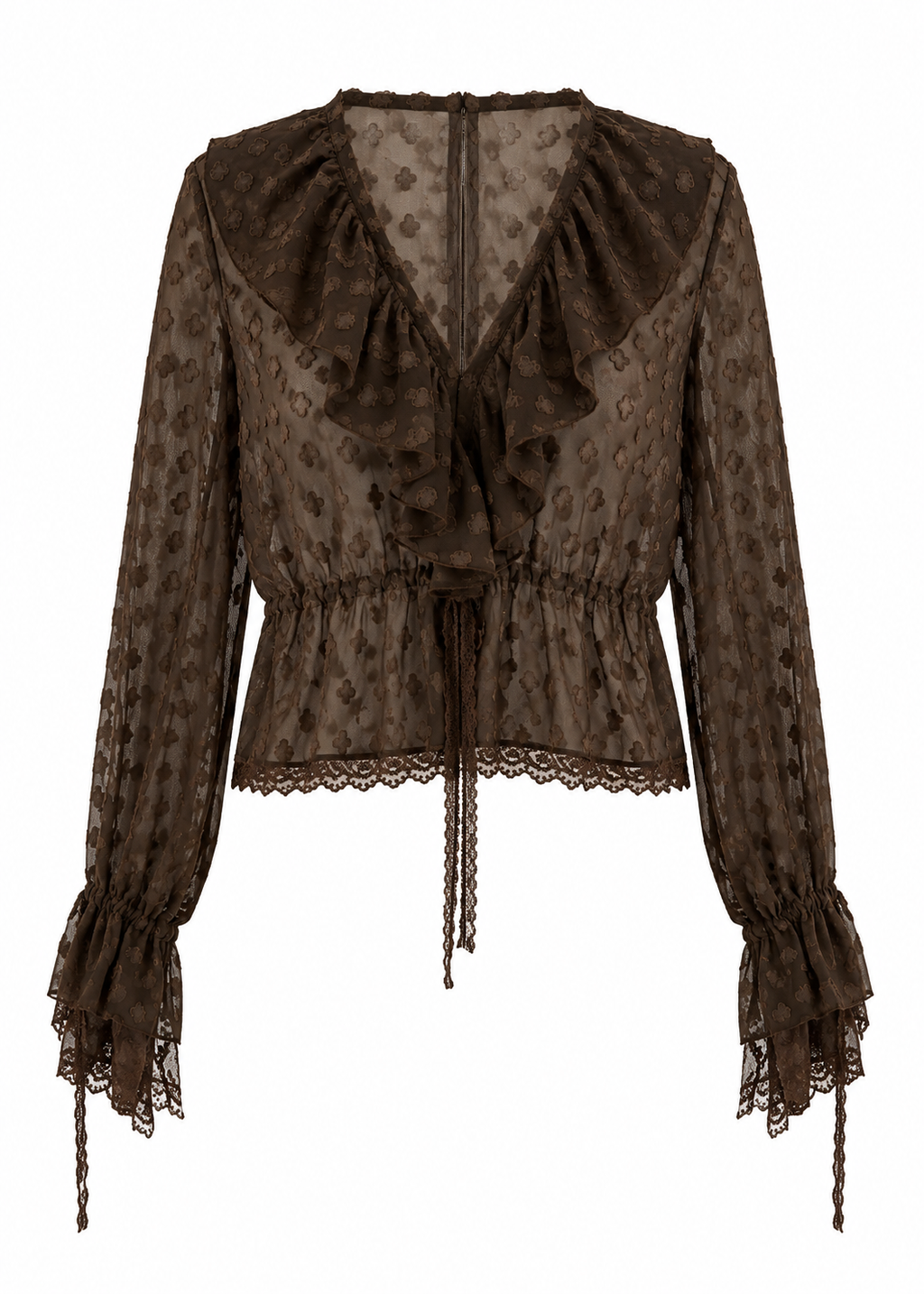 Sheer Ruffled Lace Blouse – Brown