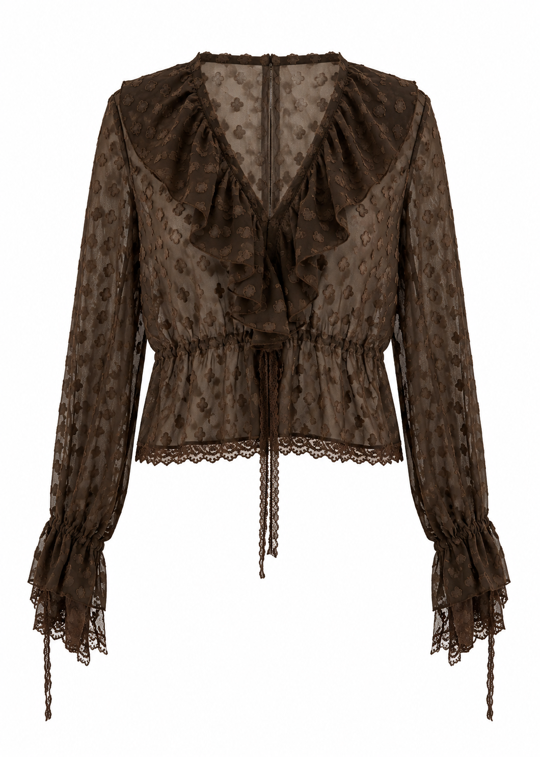 Sheer Ruffled Lace Blouse – Brown