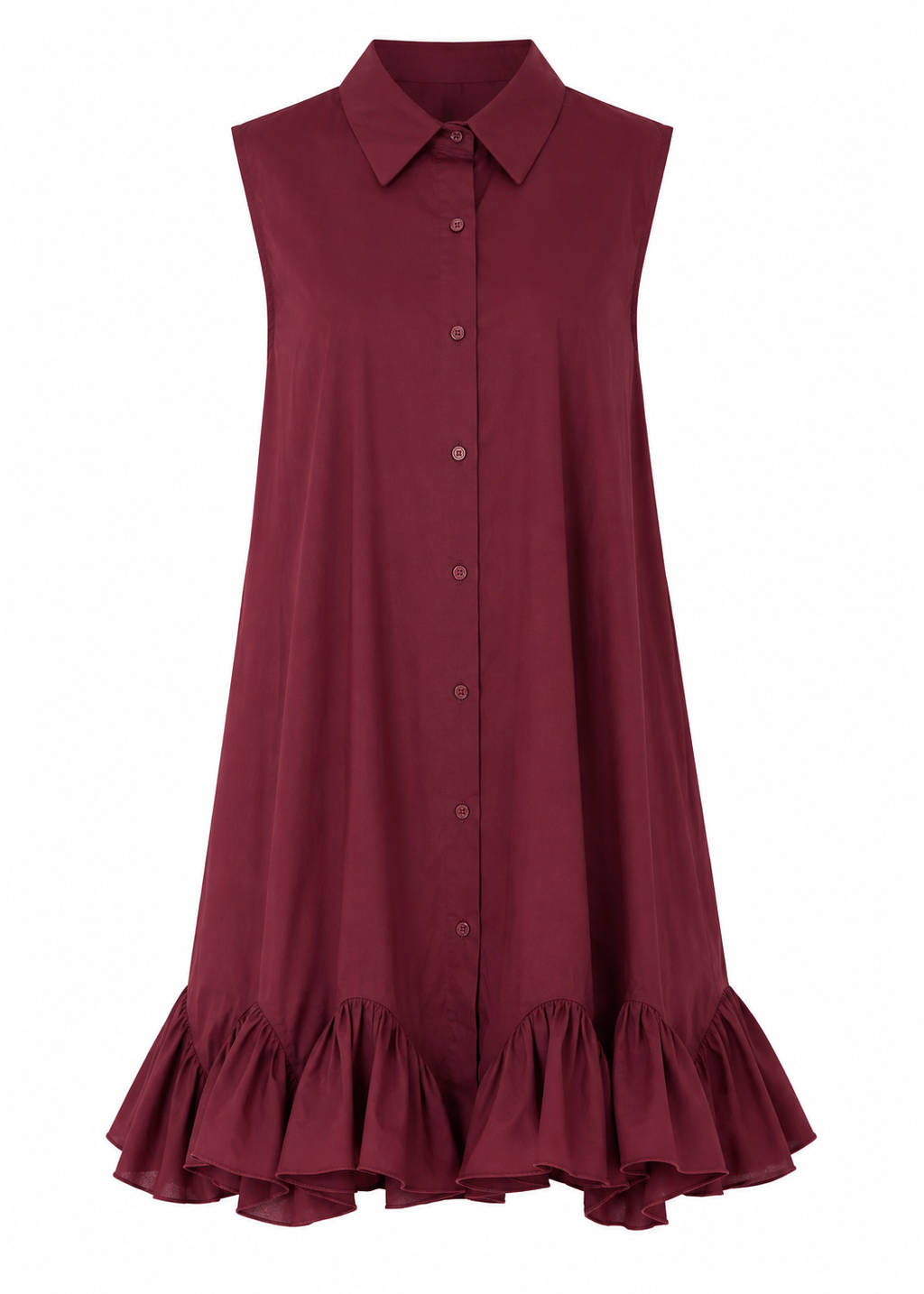 Sleeveless Shirt Dress with Ruffled Hem – Burgundy