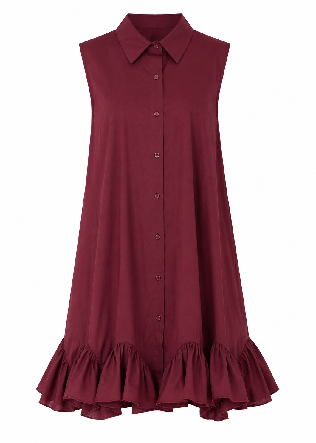 Sleeveless Shirt Dress with Ruffled Hem – Burgundy