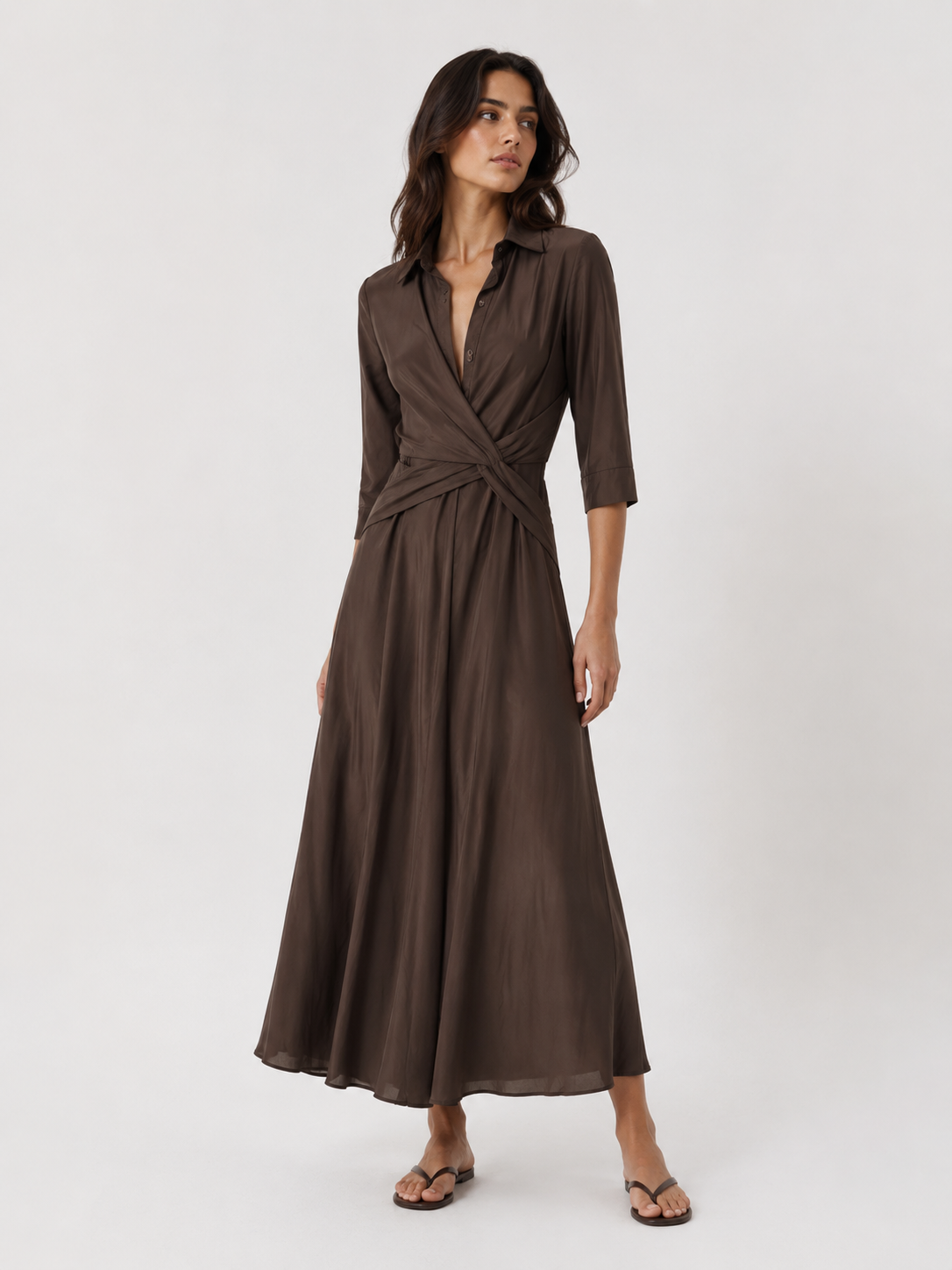 Cross-Front Midi Shirtdress | Chocolate Brown