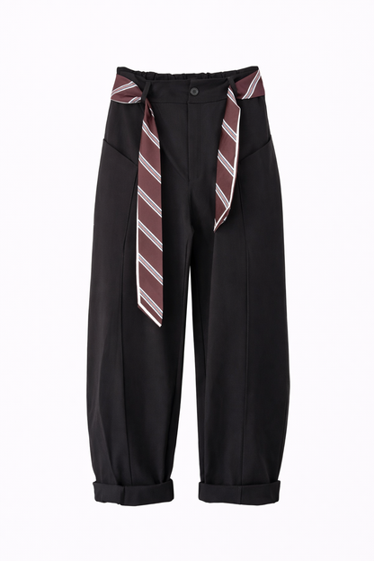 Tailored Black Trousers with Striped Belt - High-Waisted Pants