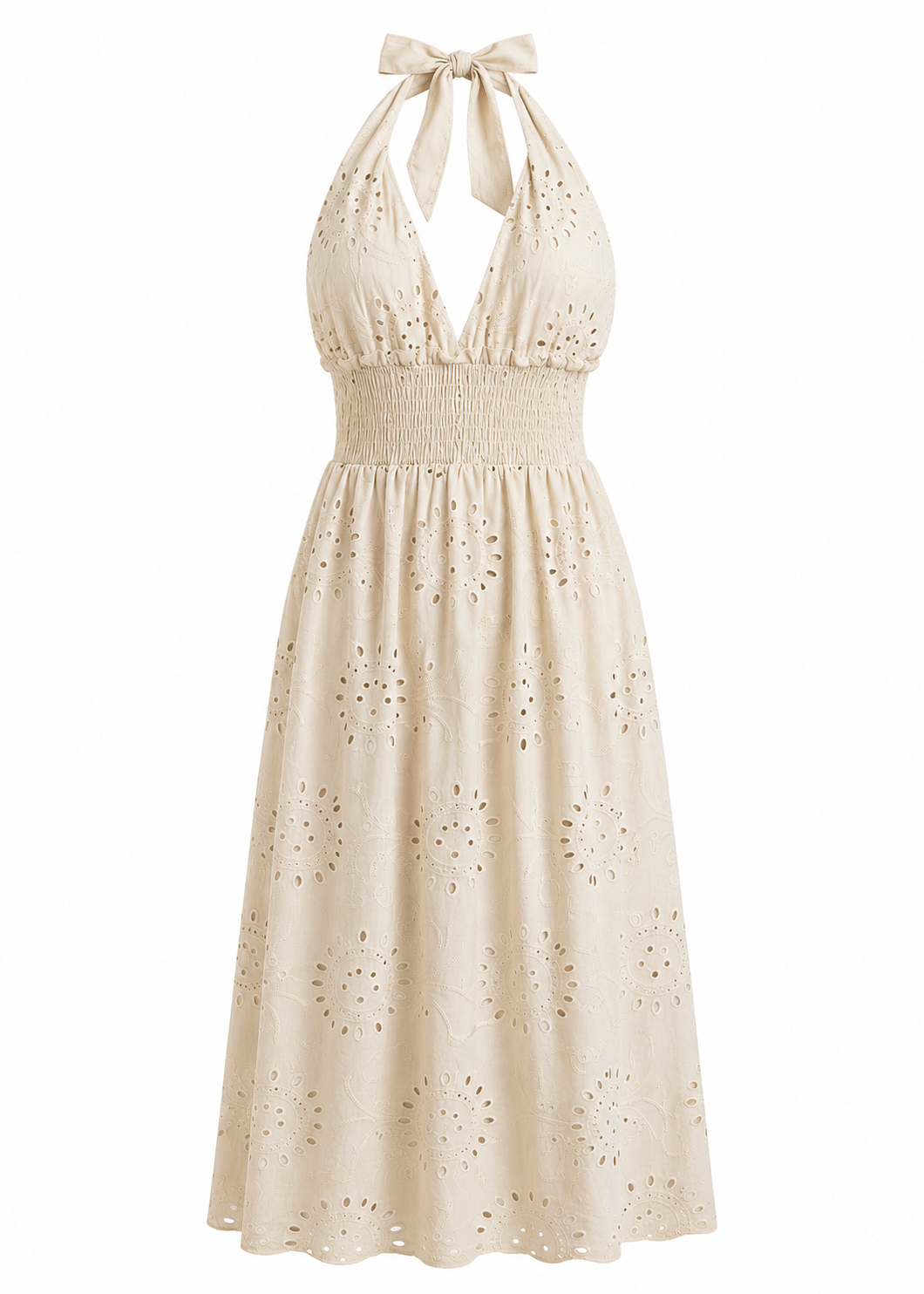 Cream Broderie Anglaise Halter Midi Dress | Bow-Tie Neck & Smocked Waist