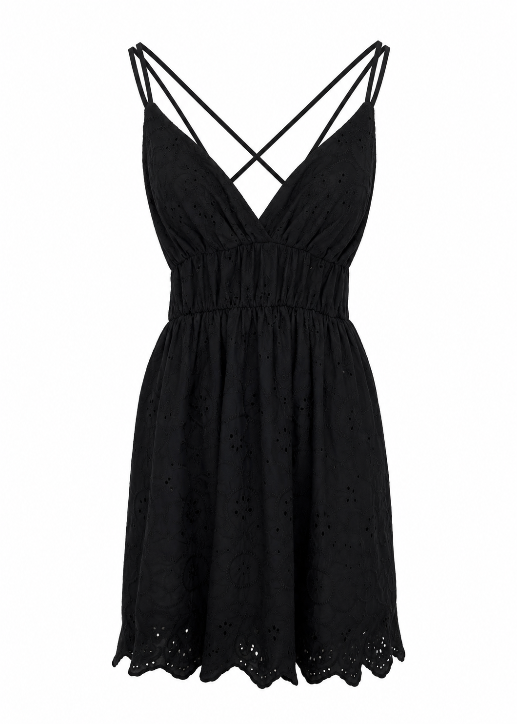 Black Broderie Anglaise Mini Dress | Cross-Back Straps & Scalloped Hem
