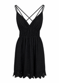 Black Broderie Anglaise Mini Dress | Cross-Back Straps & Scalloped Eyelet Hem