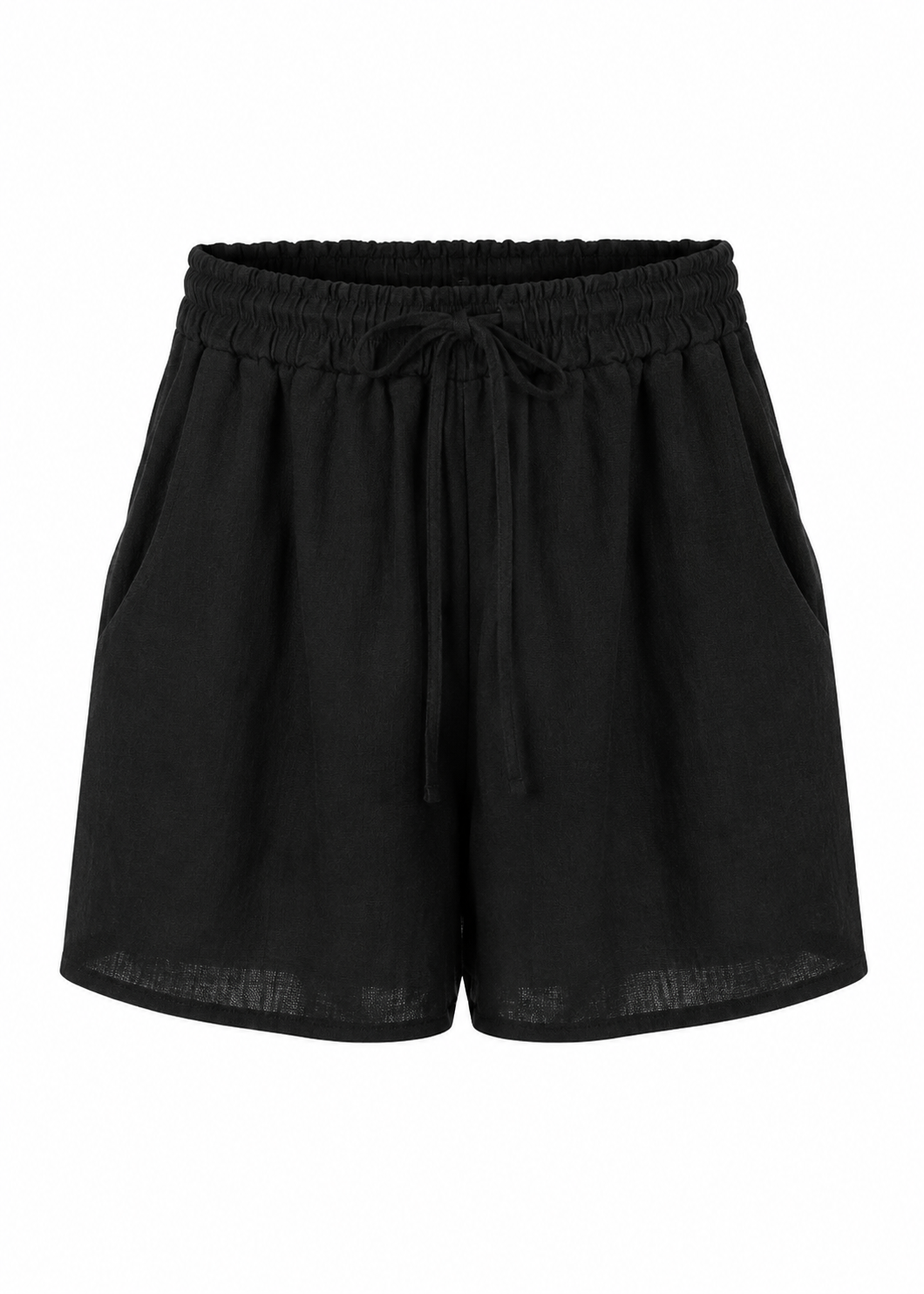 Black Linen-Look Shorts | Elasticated Drawstring Waist & Side Pockets