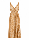 Gold Baroque Print Maxi Dress | Crossover V-Neck & Smocked Waist