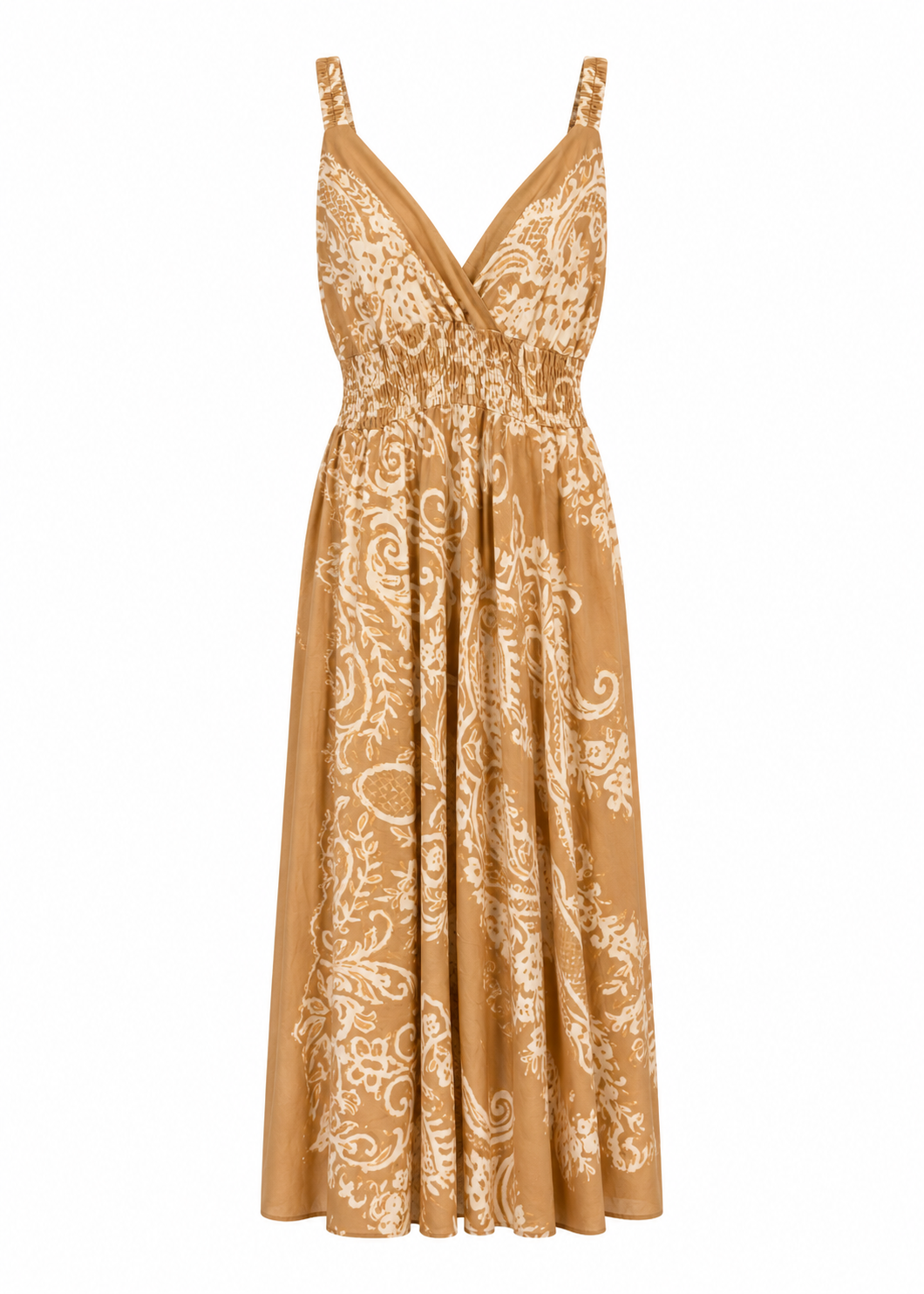 Gold Baroque Print Maxi Dress | Crossover V-Neck & Smocked Waist