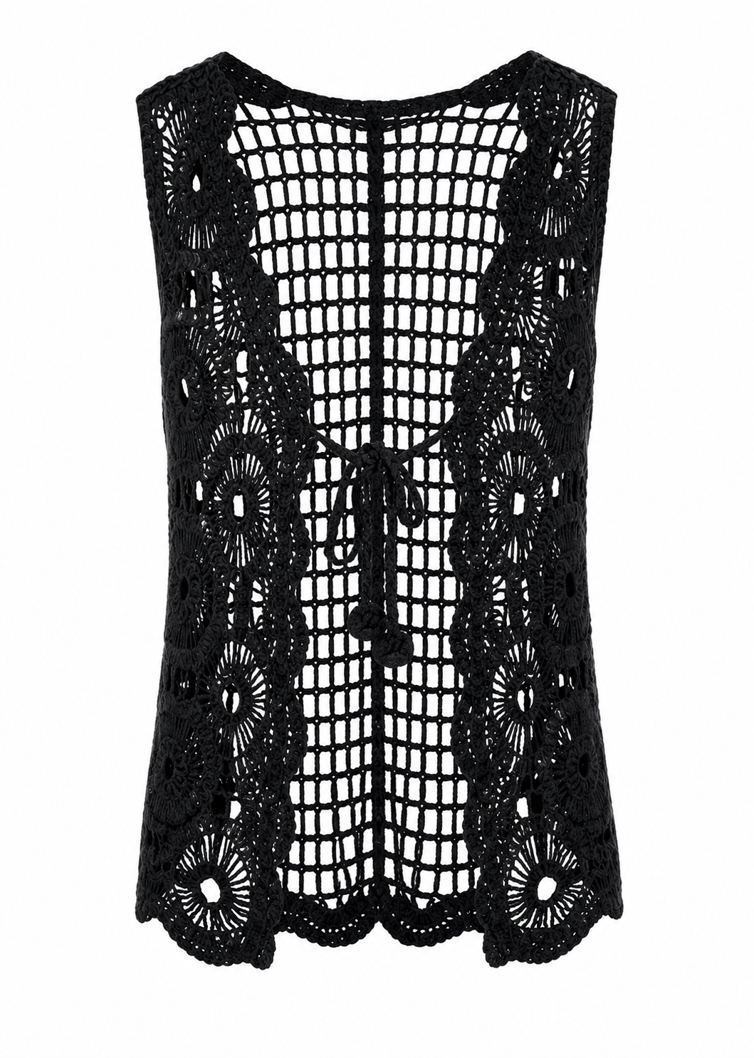 Black Open-Weave Crochet Vest Top | Floral Medallion & Scalloped Hem