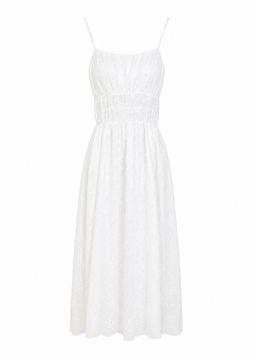 White Broderie Anglaise Midi Sundress | Smocked Waist & Square Neck