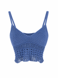 Blue Knit Crochet Crop Bralette | Open-Weave Panel & Scalloped Hem