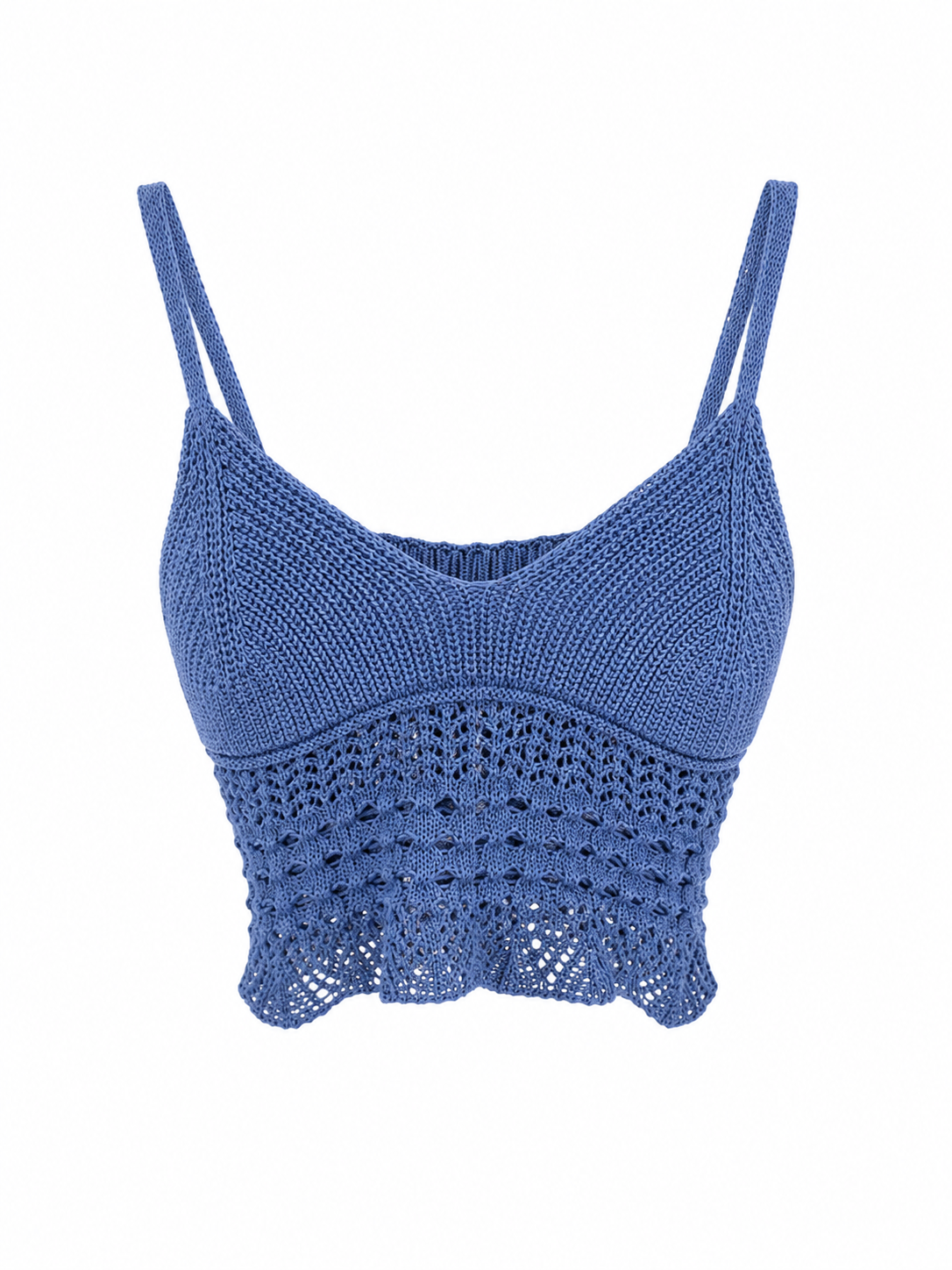 Blue Knit Crochet Crop Bralette | Open-Weave Panel & Scalloped Hem