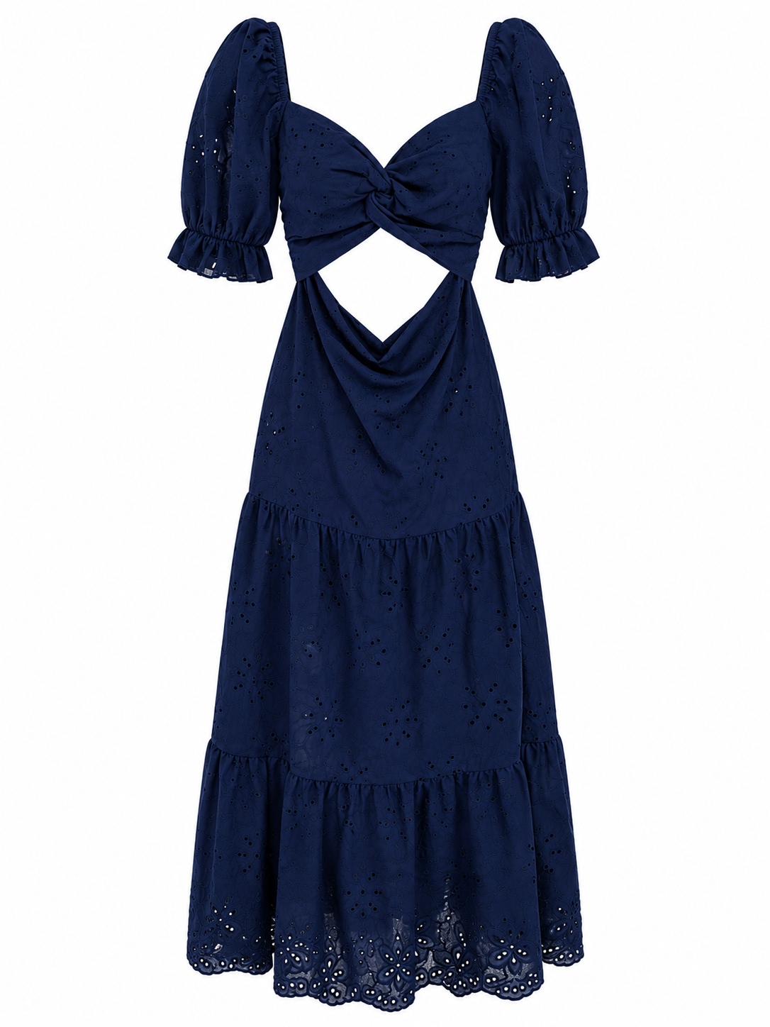 Navy Broderie Anglaise Midi Dress | Twist-Knot Cut-Out & Puff Sleeves