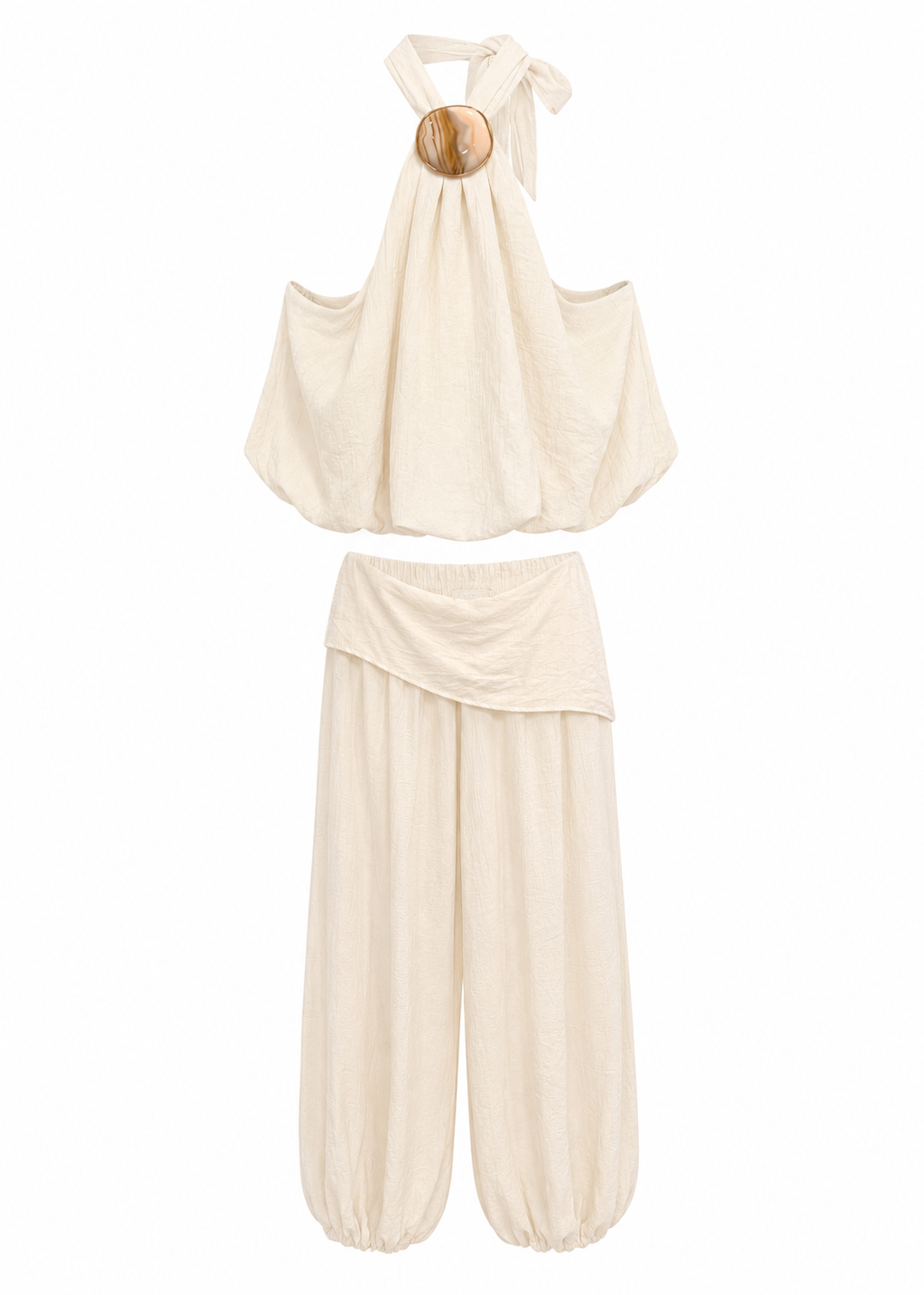 Cream Halter Top & Harem Pants Co-ord Set | Gold Ring Hardware