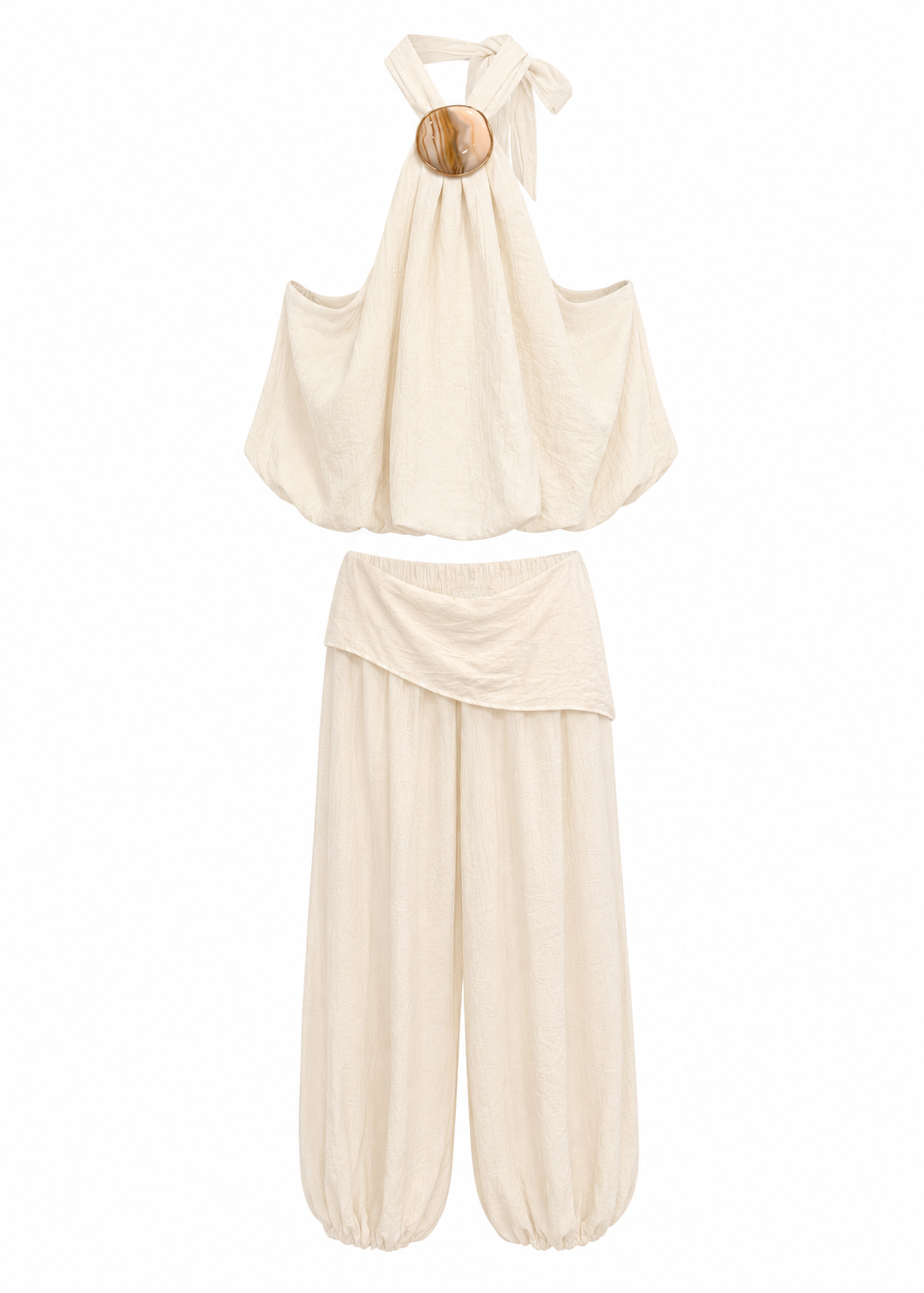 Cream Halter Top & Harem Pants Co-ord Set | Gold Ring Hardware