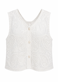 White Paisley Embroidered Vest Top | Pearl Buttons & Scalloped Trim