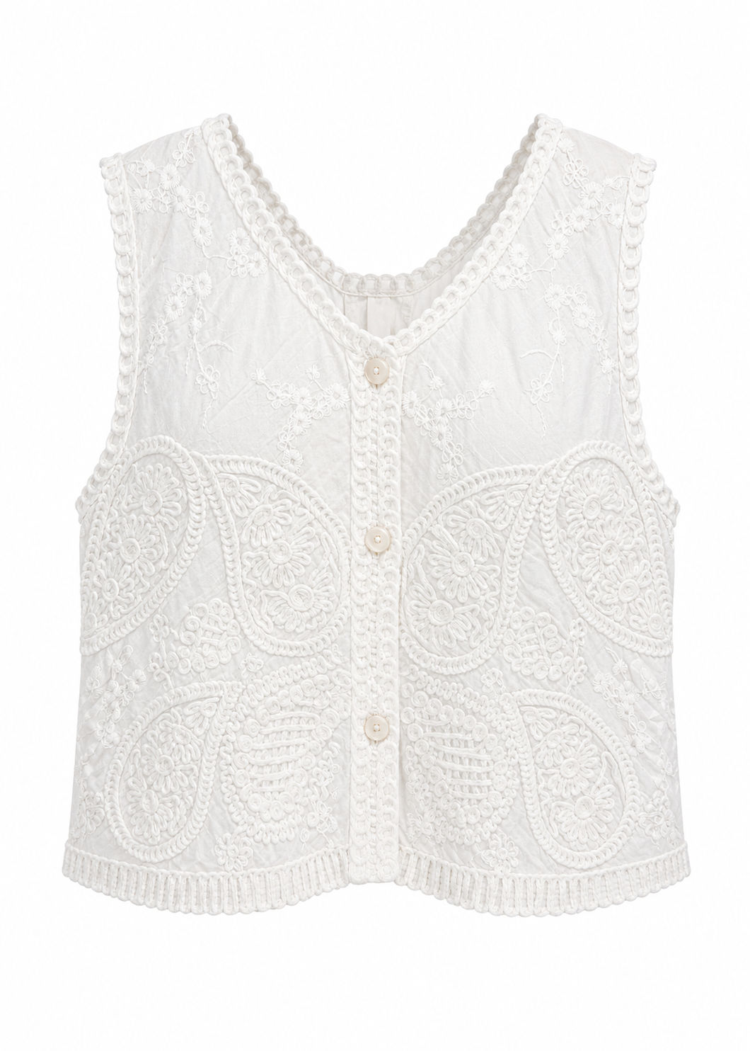 White Paisley Embroidered Vest Top | Pearl Buttons & Scalloped Trim