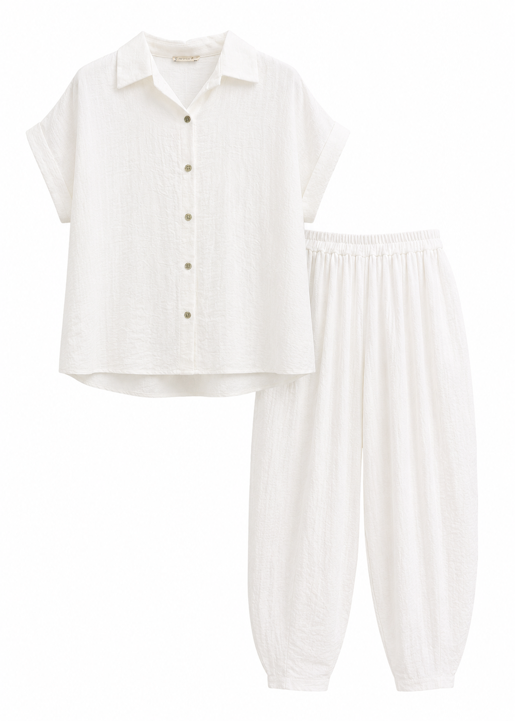 White Textured-Look Co-ord Set | Shirt & Tapered Pants